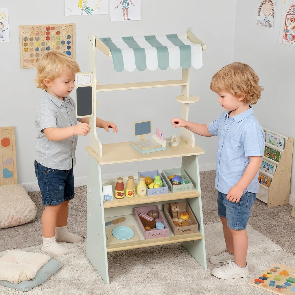 Conjunto de 34 Peças de Supermercado Infantil, 40 x 30 x 92,5 cm, Loja de Madeira, Verde