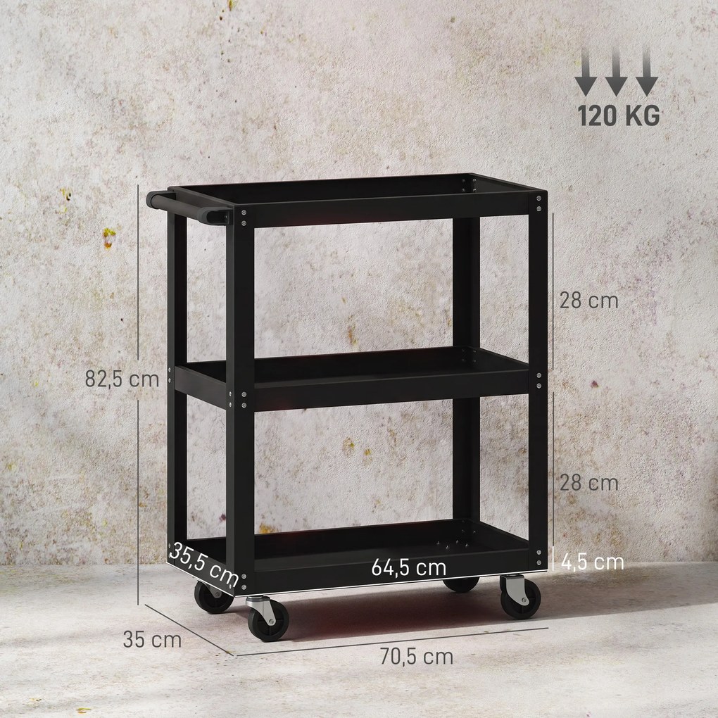 Carrinho de oficina com 3 prateleiras 70,5 x 35 x 82,5 cm, pega lateral e rodas bloqueáveis, preto