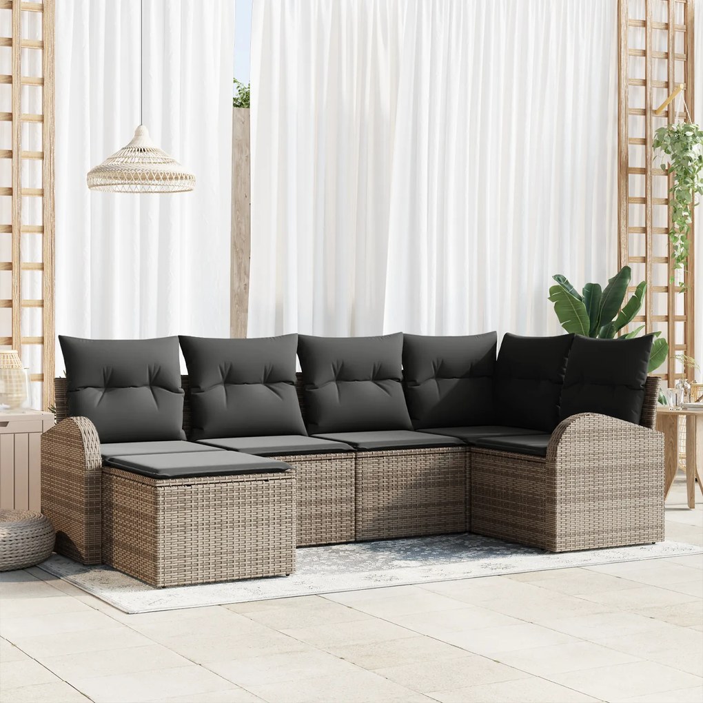 Conjunto de Sofá de Jardim 6 Peças com Almofadas Cinza Rattan Poli
