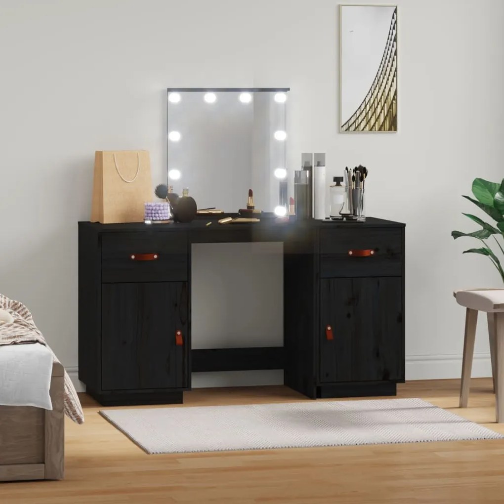 vidaXL Conjunto de toucador com luzes LED pinho maciço preto