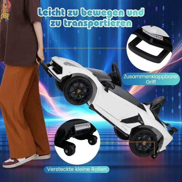 Carro elétrico Lamborghini 12V para crianças com controlo remoto 2,4G e faróis LED 3 a 5km/h  branco