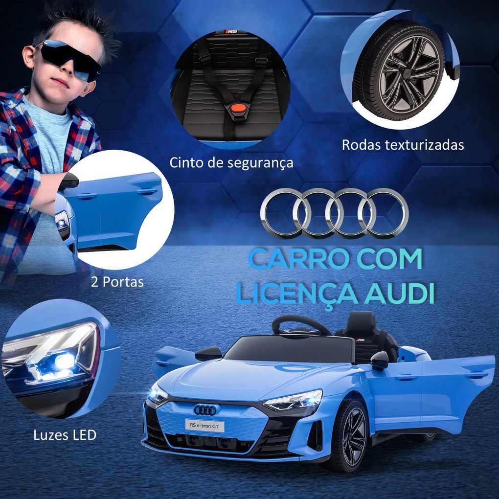 HOMCOM Carro Elétrico AUDI RS E-Tron GT para Crianças de 3-6 Anos Carro de Bateria 12V com 2 Motores Controlo Remoto Faróis LED Buzina Música USB e Abertura de Porta 3-5km/h 103x58x41cm Azul