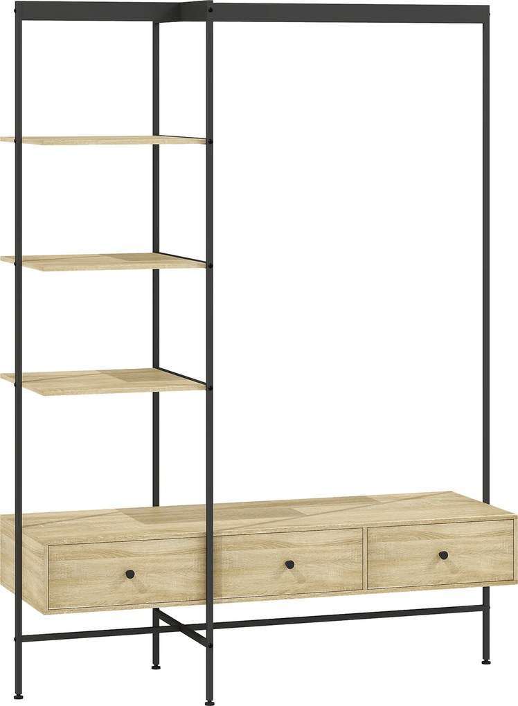 HOMCOM Cabideiro com Prateleiras, Gavetas e Barra para Roupas, Cabideiro independente de 180 cm em estilo moderno, Estrutura metálica, Carvalho | Aosom Portugal
