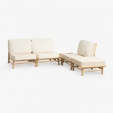Conjunto De Jardim Com Sofá Modular De 3 Peças, Puff E Mesa De Centro Quadrada 75x75 Cm Em Bambu Isendra Tecido Branco - Sklum