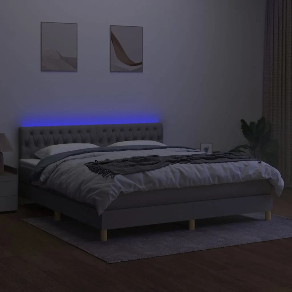 Cama box spring c/ colchão e LED 160x200 cm tecido cinza-claro