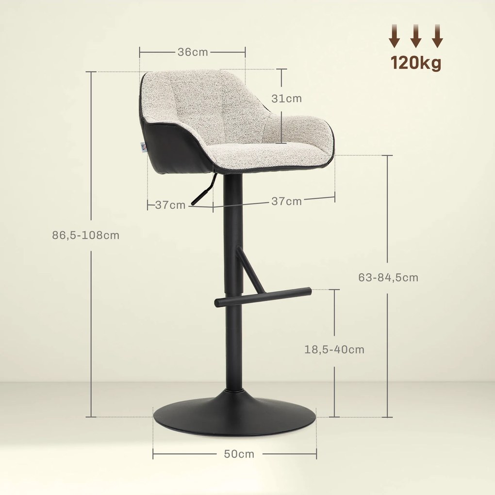 Conjunto de 2 bancos de bar com altura ajustável, tecido com efeito de linho e base em aço, 52,5 x 53 x 86,5-108 cm cinzento claro, preto