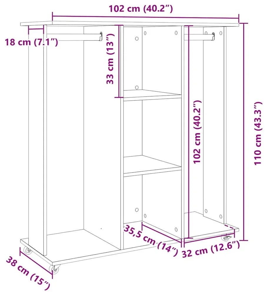 Roupeiro c/ rodas 102x38x110 cm deriv. madeira carvalho sonoma