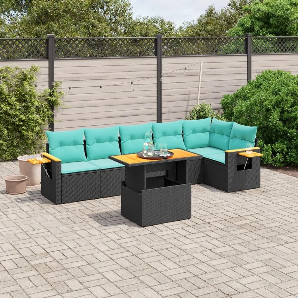 vidaXL 7 pcs conjunto de sofás p/ jardim c/ almofadões vime PE preto