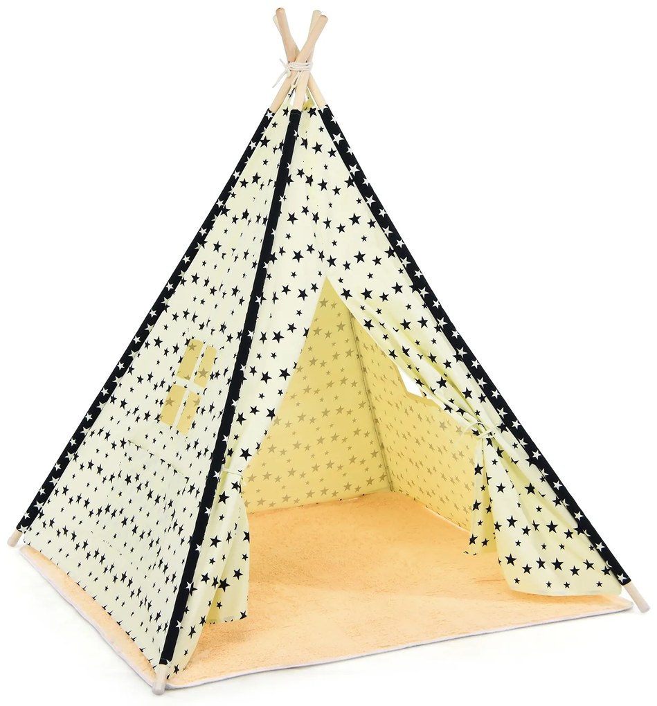 Tenda Tipi para crianças Tenda Tipi Dobrável Interior com Janelas de Algodão e Cabana de Madeira 122 x 117,5 x 150 cm