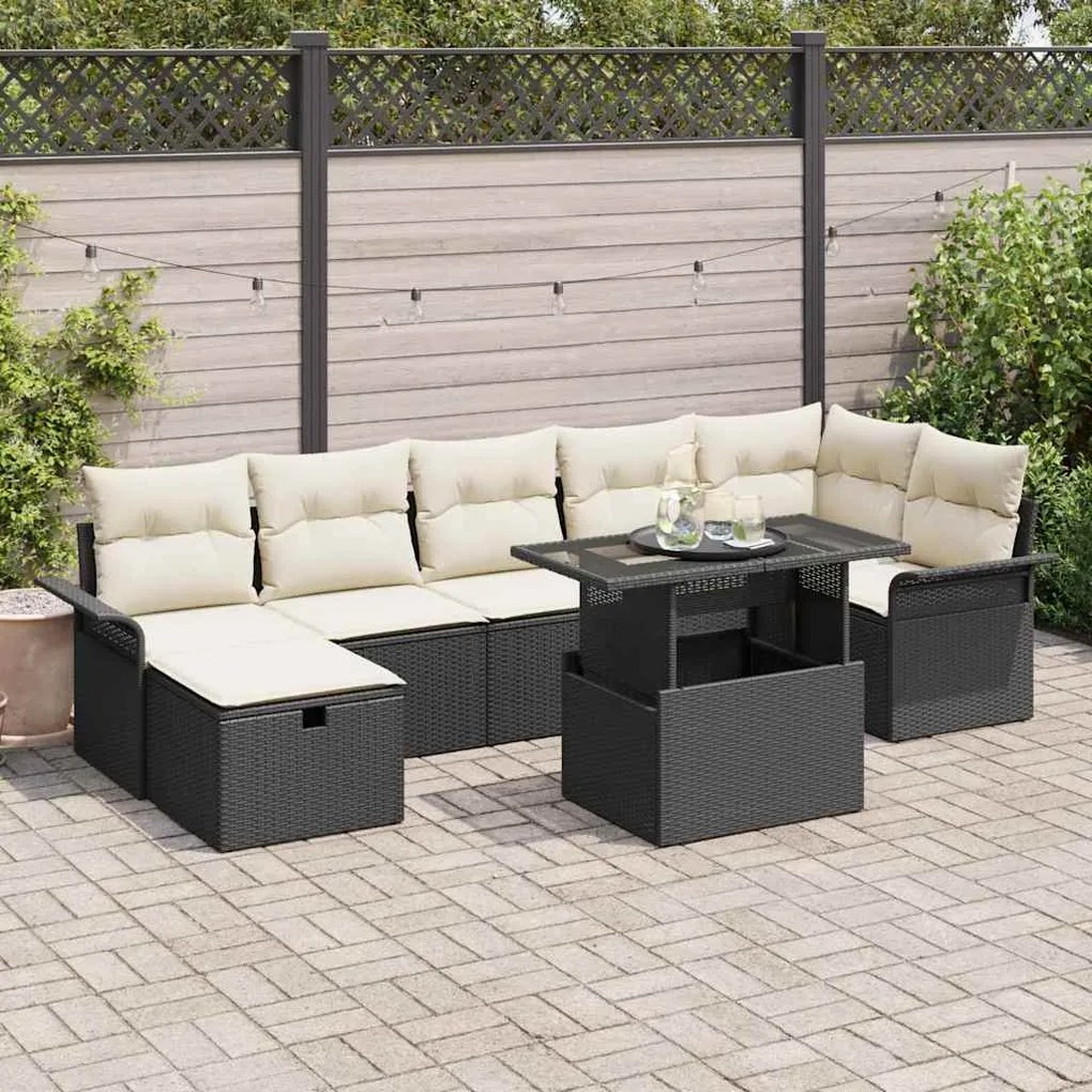 vidaXL Conjunto de sofá de jardim com 8 peças e almofadas em poly rattan preto