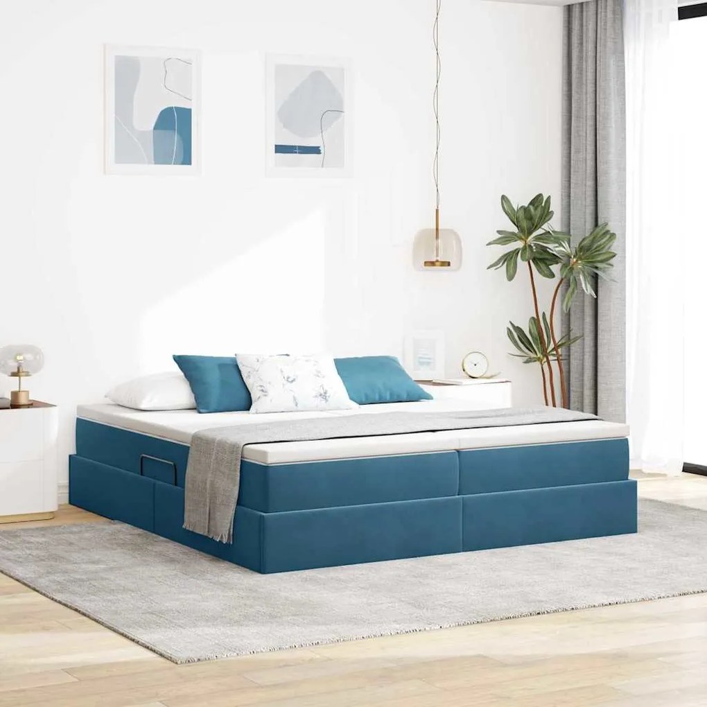 vidaXL Cama com arrumação e colchão Azul Escuro 200 x 200 cm Veludo