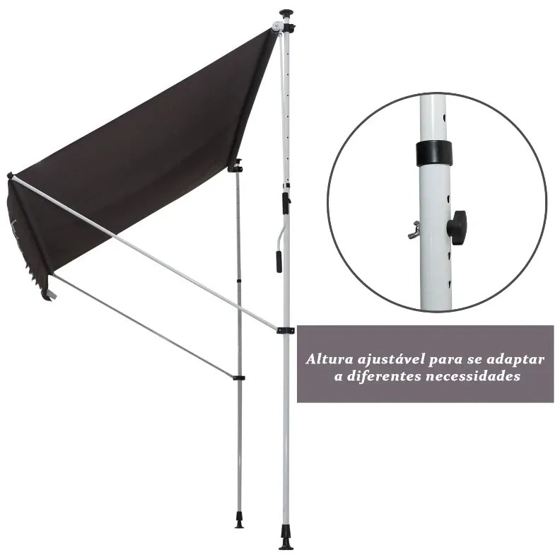 Toldo Portátil com Manivela e Altura Regulável - 3x1,5m - Cinzento