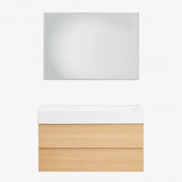 Conjunto De Móvel De Casa De Banho Suspenso Em Madeira E Folha De Freixo Com Lavatório Integrado Ona Madeira Natural & Led Retangular E Anti-embaciame