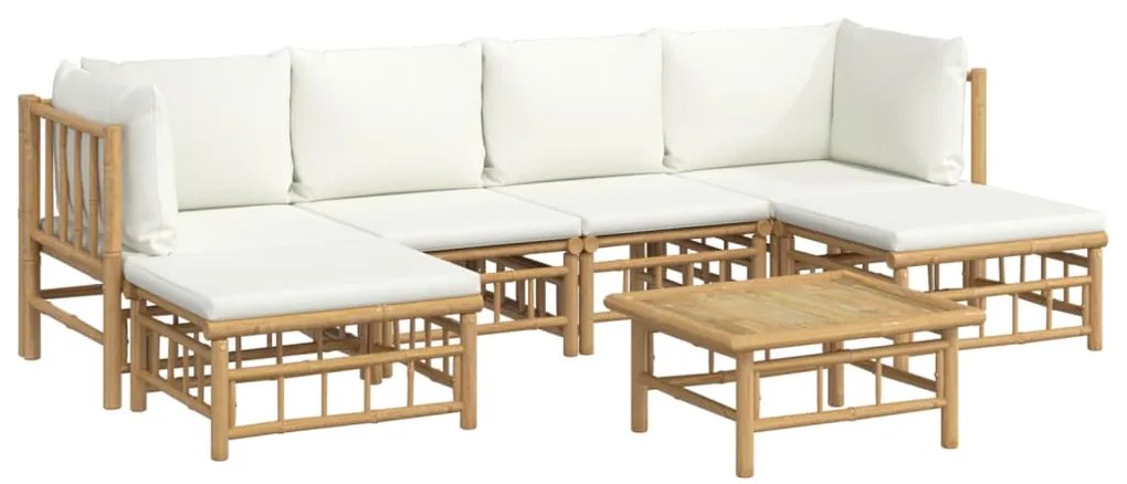 7 pcs conjunto lounge de jardim bambu c/ almofadões branco nata