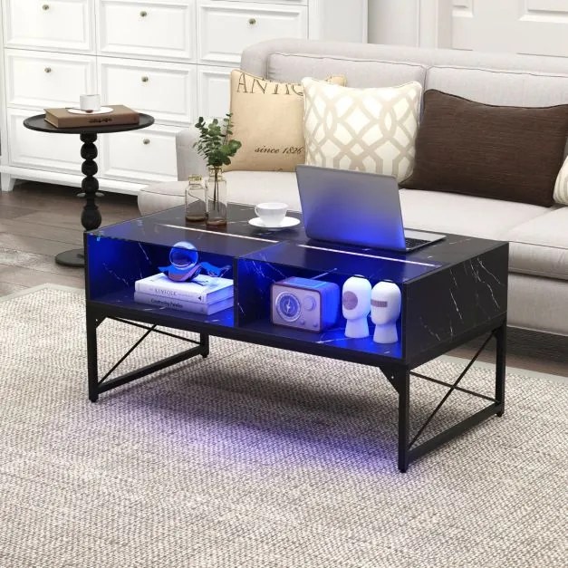 Mesa de centro com luzes LED de alto brilho com tampo de mármore sintético e tampo de vidro temperado com 4 cubos Preto