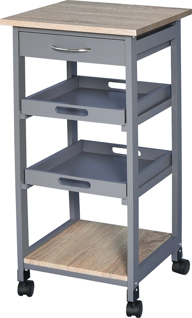 Carrinho de serviço de cozinha com rodas, 2 tabuleiros removíveis, gaveta e prateleira em carvalho claro e pinho cinzento
