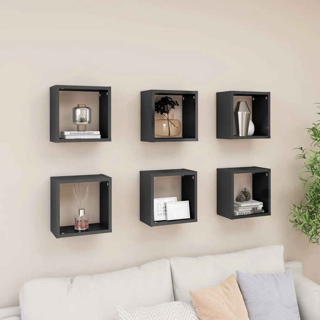 vidaXL Prateleiras parede forma de cubo 6 pcs 26x15x26 cm cinza brilh.
