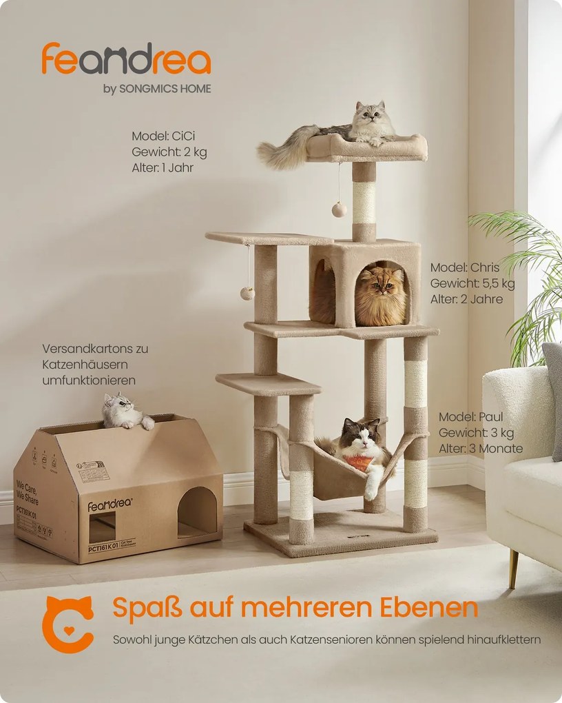 Arranhador Gatos para arranhar 55 x 45 x 137,7 cm e 4 colunas para arranhar, cor castanho-camelo