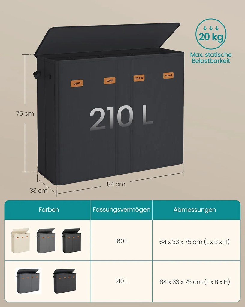 Cesto para roupa suja com três compartimentos (210L) 84 x 33 x 75 cm Preto