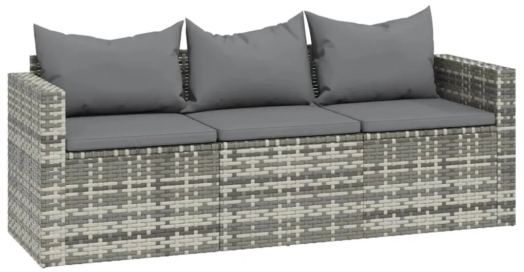 3 pcs conjunto lounge de jardim c/ almofadões vime PE cinzento