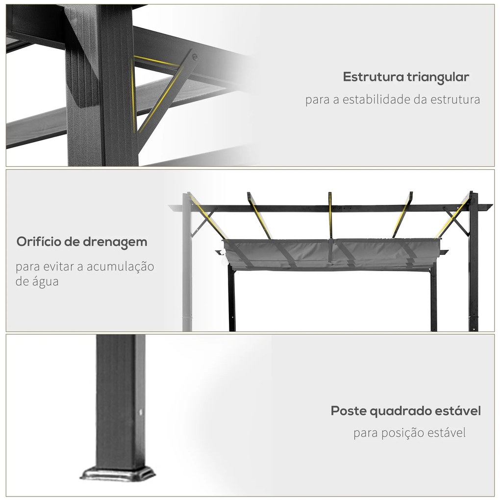 Pérgola de Jardim 300x300x223 cm com Toldo de Poliéster Retrátil e Est