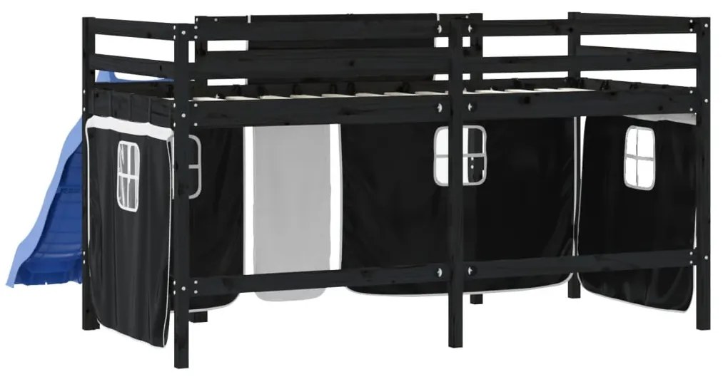 Cama alta criança c/ cortina 90x190cm pinho maciço branco/preto