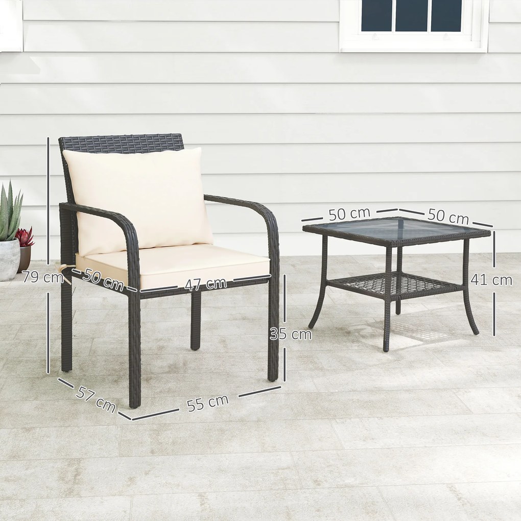 Conjunto de Jardim de 3 Peças com 2 Cadeiras e Mesa com Prateleira e Bancada de Vidro Castanho Escuro e Creme