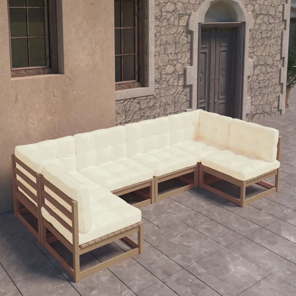 vidaXL 6pcs conj. lounge jardim e almofadões pinho maciço castanho mel