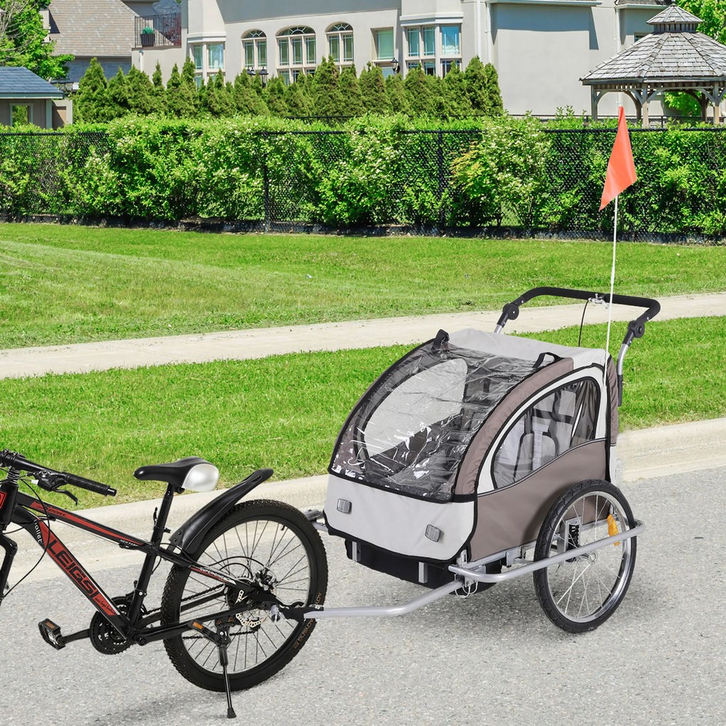 HOMCOM Reboque de Bicicleta para Crianças 2 Lugares 2 em 1 Reboque para Crianças Convertível em Carrinho com Rodas 360º Amortecedores e Guiador Ajustável Bege e Marrom