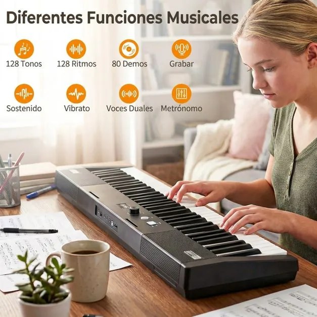 Teclado eletrónico de 61 teclas 90,5 x 23 x 5,5 cm para principiantes com suporte e banco ajustáveis 128 ritmos e tons 80 demos Preto