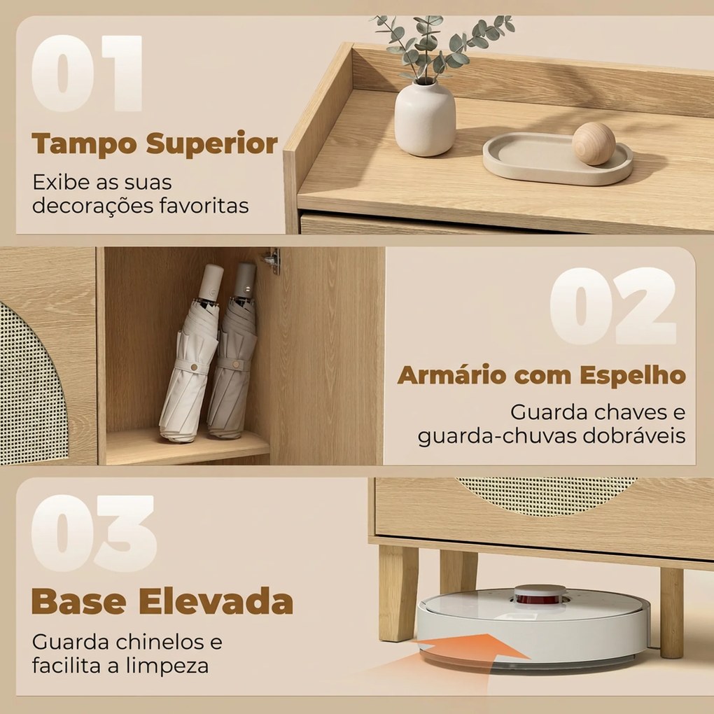 Sapateira Estreita Boho com Espelho 2 Portas em Rattan Armário 10 Pares Prateleiras Ajustáveis 94,5x24x96,5 cm Cor Carvalho