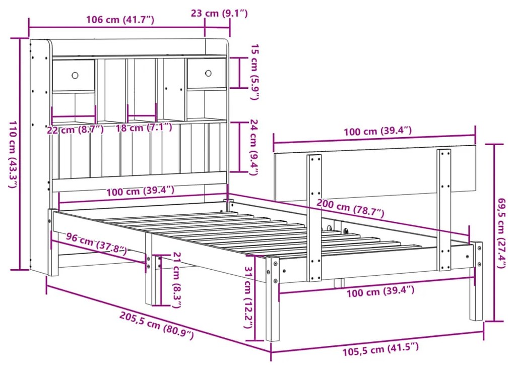 Cama com estante sem colchão 100x200 cm pinho maciço branco