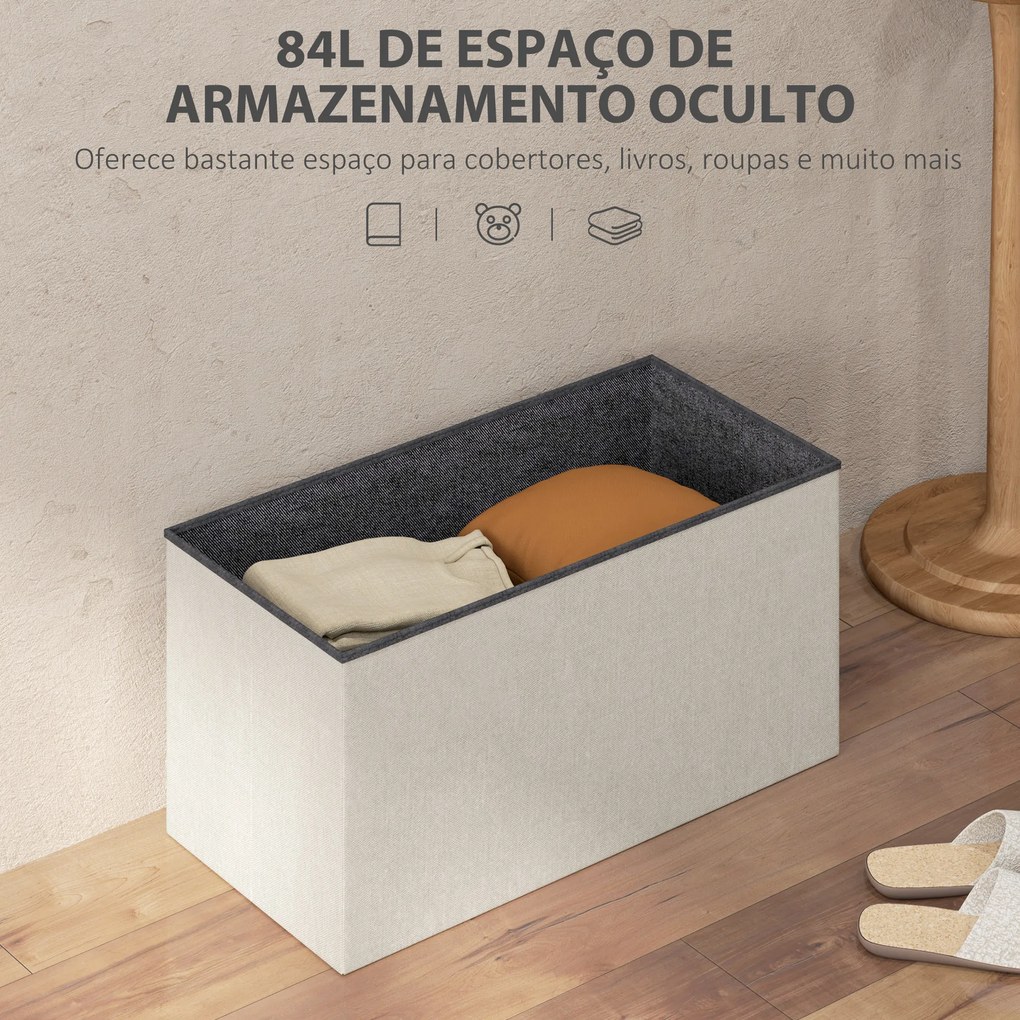 Banco com Armazenamento 84 L Banco de Arrumação Dobrável 76x38x38 cm Estofado em Linho Sintético Creme