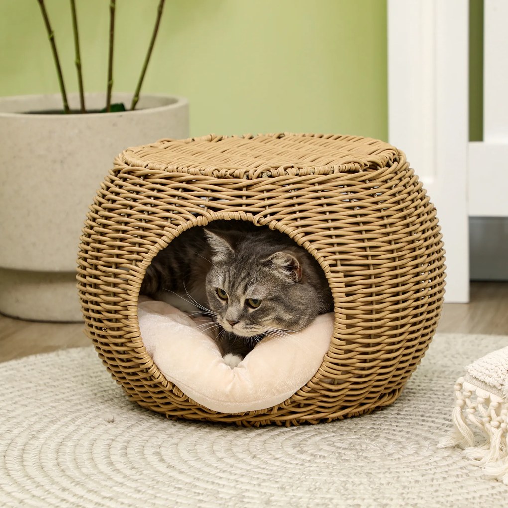 Cama para gatos com 2 níveis, em resina trançada com aspeto de vime, com 1 almofada macia Ø 40 x 30 cm, castanho claro
