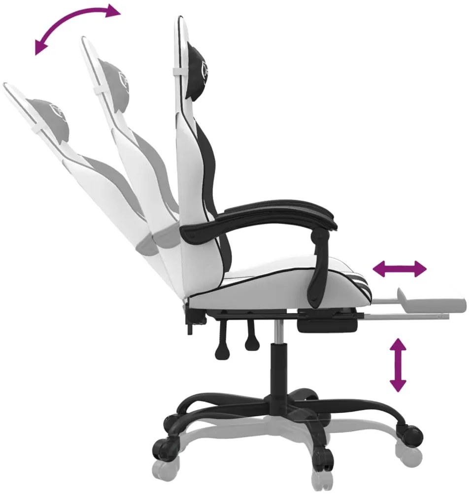 Cadeira gaming giratória c/ apoio pés couro artif. branco/rosa