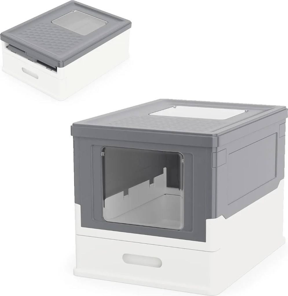 Caixa de areia dobrável 50 x 37,5 x 36,5 cm com tampa fechada, entrada frontal e saída rebatível, bandeja portátil para gatos até 10 kg, cinza
