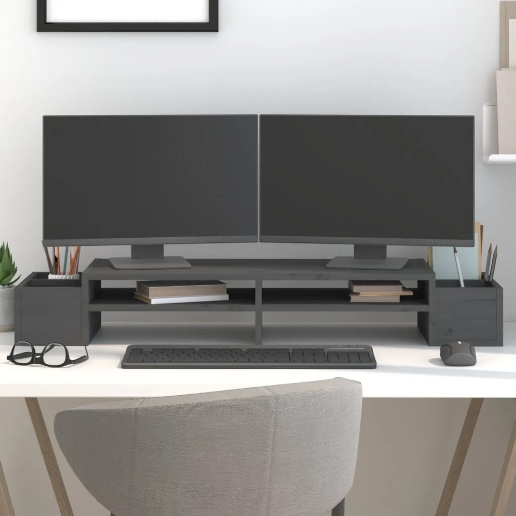 vidaXL Suporte para monitor 100x27,5x15 cm pinho maciço cinzento