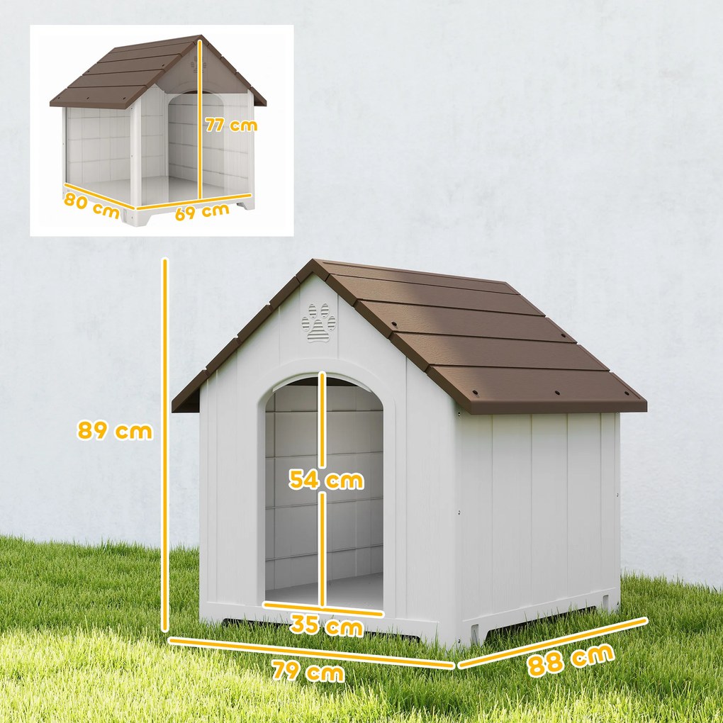 Casota para Cães de Exterior Casa para Cães Grandes de Plástico com 2 Janelas Base Elevada Estacas Castanho Escuro