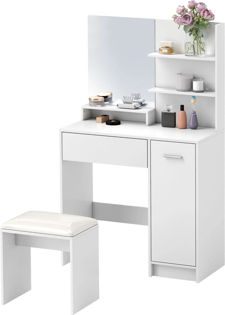 Conjunto de Toucador com Espelho e Banco, 80 x 40 x 132 cm, Grande Espaço de Arrumação, Branco