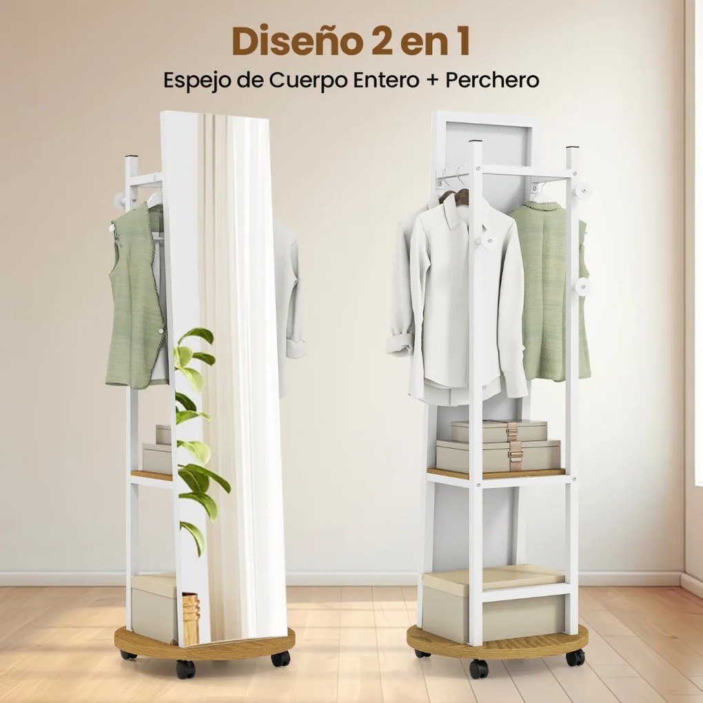 Espelho Pé de corpo inteiro com Cabide 45 x 135 cm, ganchos, estantes e rodas giratórias de 360° para quarto, armário ou hall de entrada, branco e nat