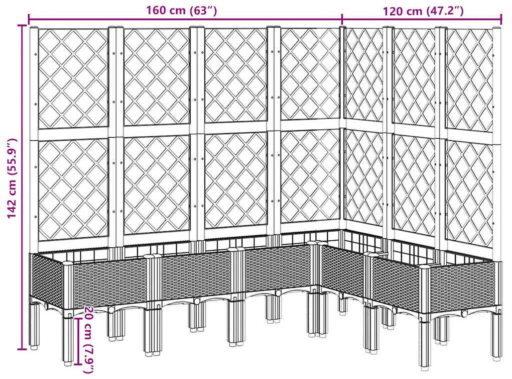 Vaso/floreira de jardim c/ treliça 160x120x142cm PP cinza-claro