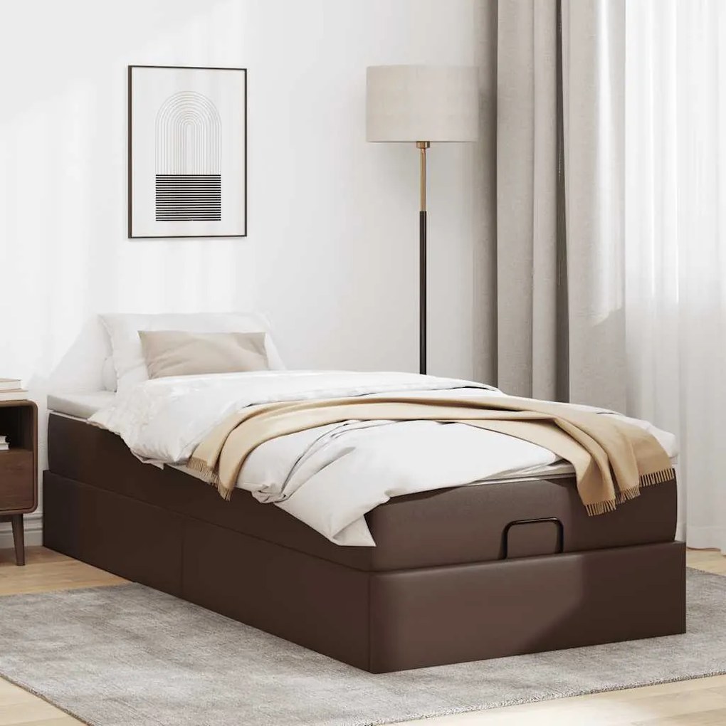 Estrutura de cama otomana com colchão marrom couro falso