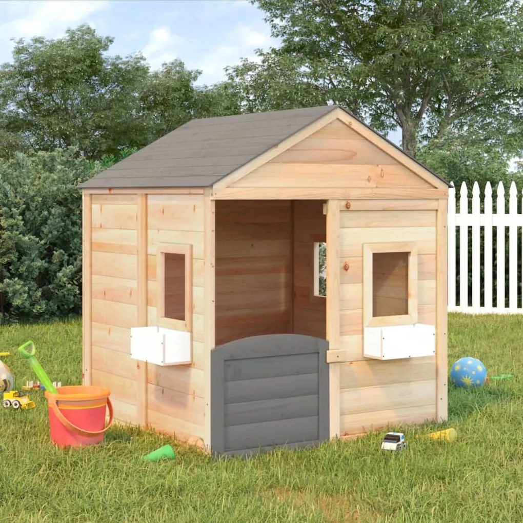 93687 vidaXL Casinha de brincar c/ porta bloqueável e vasos abeto maciço