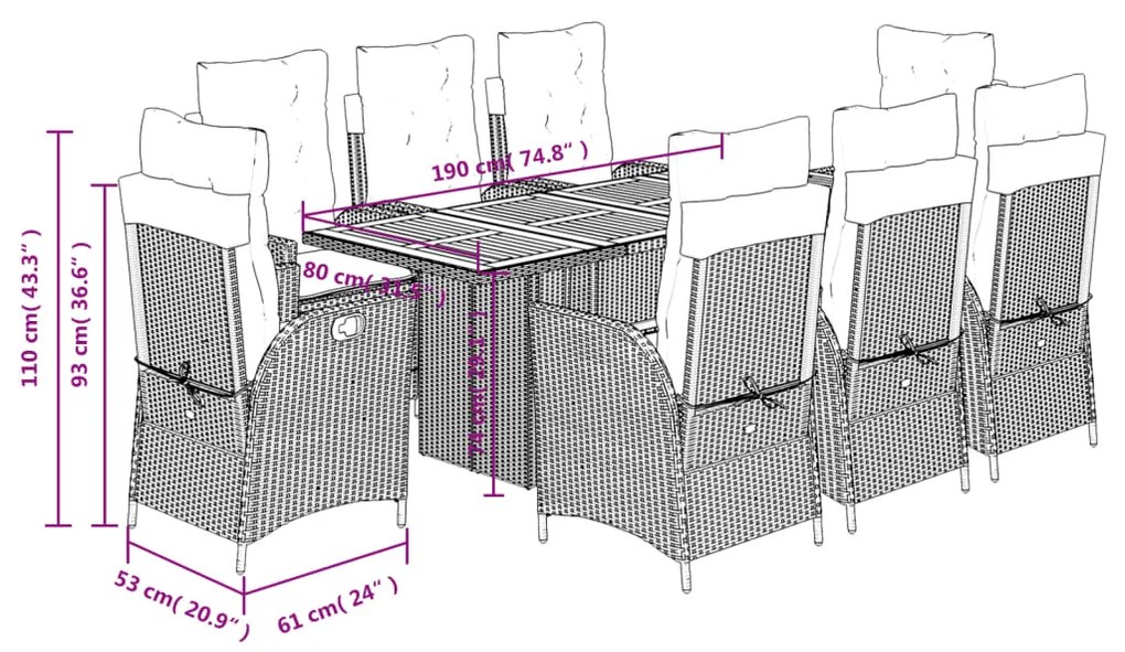 9 pcs conjunto de jantar p/ jardim com almofadões vime PE bege