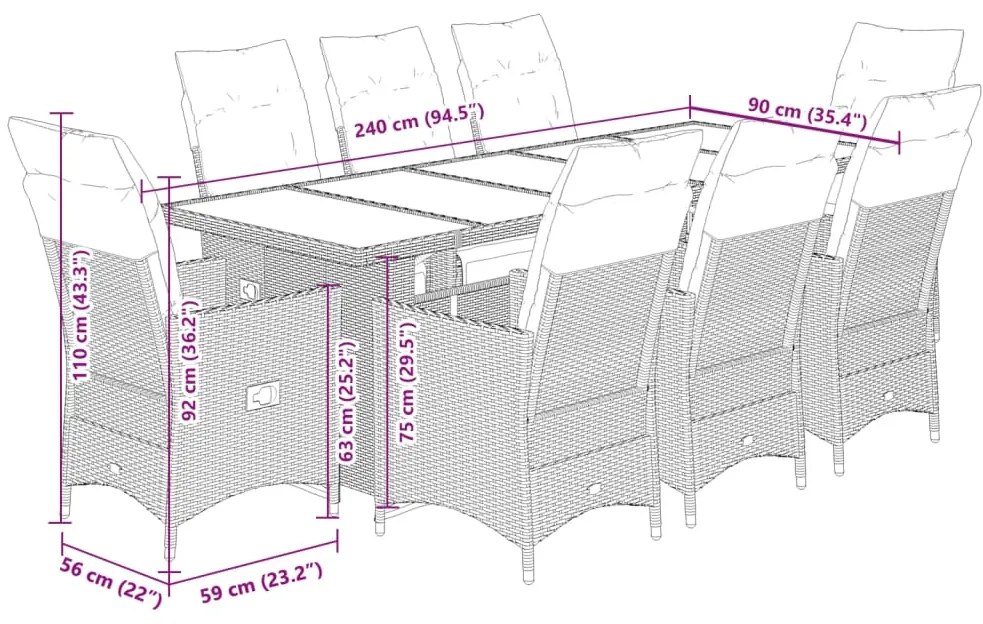 9 pcs conjunto bistrô de jardim c/ almofadões vime PE cinzento