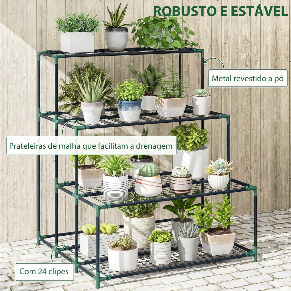 Suporte para Plantas de 4 Níveis com Estilo em Escada e Estrutura Metálica Resistente para Interior e Exterior Verde
