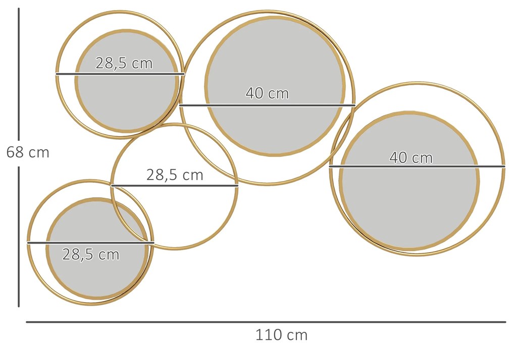 Espelho Decorativo de Parede em Metal 3D Decoração de Parede Metálica com 4 Espelhos Redondos para Corredor 110x68 cm Dourado