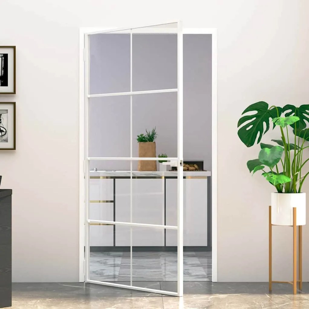 Porta interior 102x201,5cm vidro temperado/alumínio fino branco