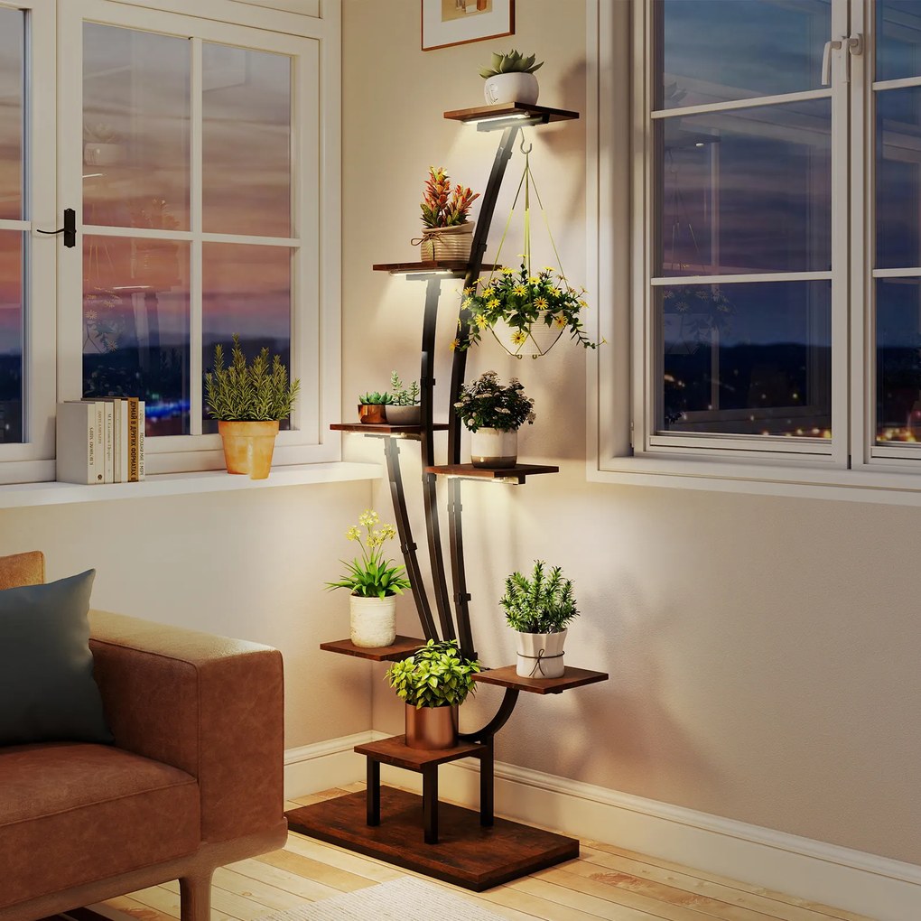 Conjunto de 2 suportes para plantas de interior com luzes. Estante metálica de 8 níveis com gancho para escritório, 67 x 30 x 156 cm, castanho e preto