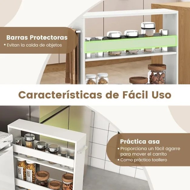 Carrinho de armazenamento estreito para cozinha com 4 prateleiras e rodas 48 x 13 x 81 cm Branco